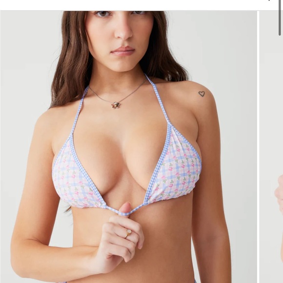 NWT Frankies Bikinis Nick Plaid Triangle Bikini Top - Rose Picnic - Picture 2 of 5